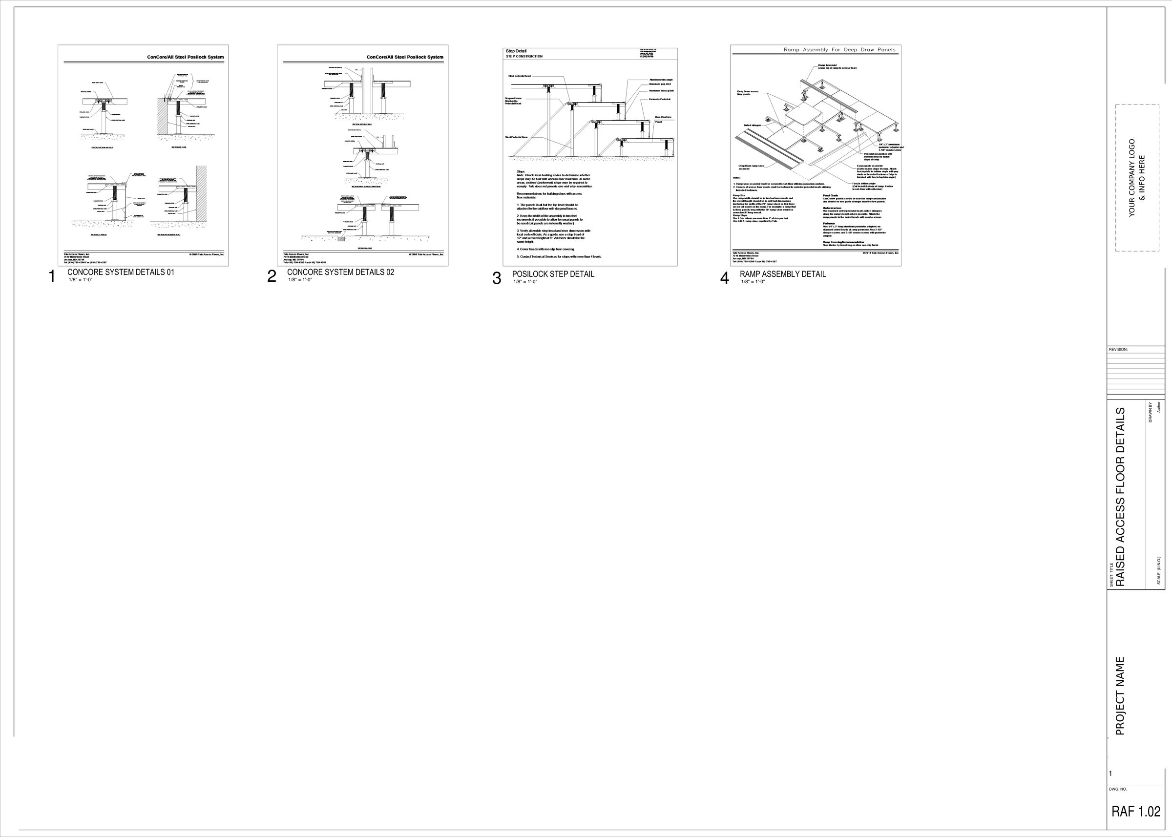 Standard Tate ConCore system, step, and ramp details sheet