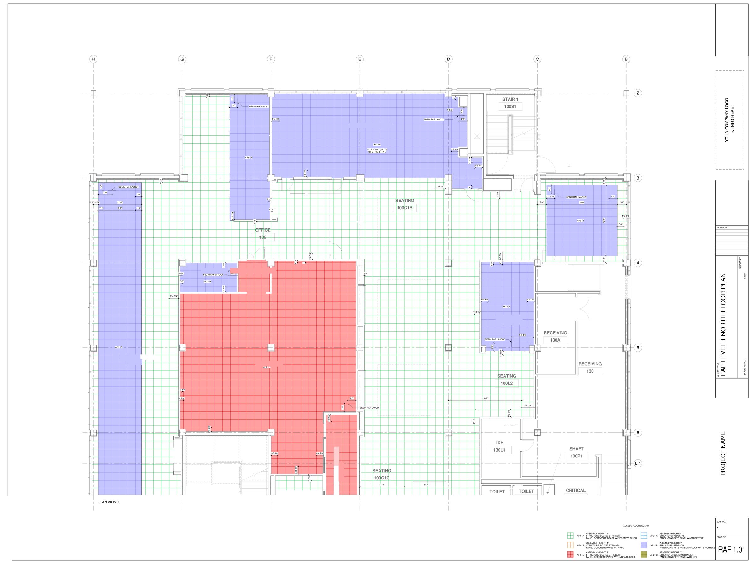 Raised access floor plan color-coded by floor assembly type